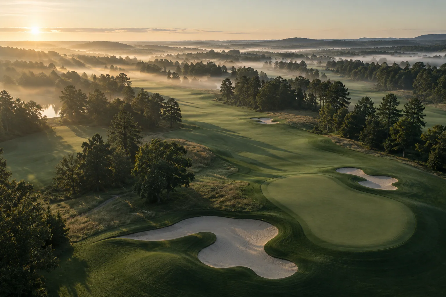 Soft morning mist over tree-lined golf fairways and pale sand bunkers